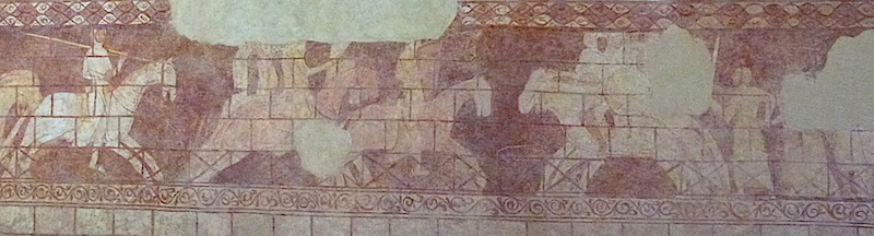 scène dite "d'échange de prisonniers"; fresque inférieure du mur nord de la chapelle templière de Cressac-Dognon; photo JP Schmit